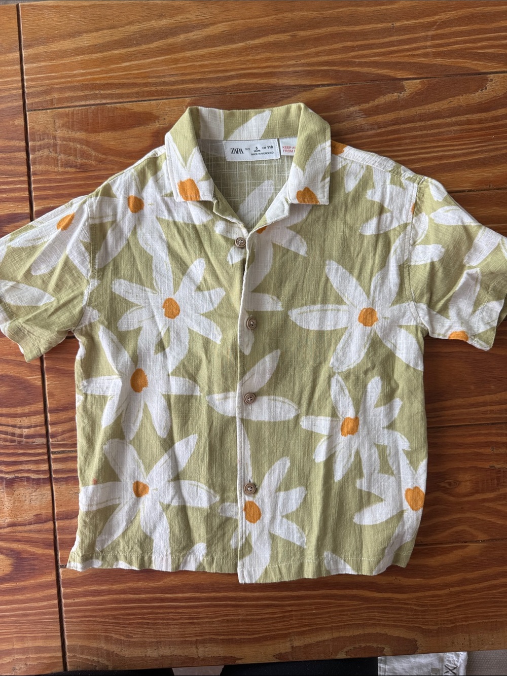 Zara Kids Olive Green Tropical Flower Button-Up Shirt with Orange Centers